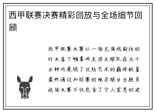 西甲联赛决赛精彩回放与全场细节回顾