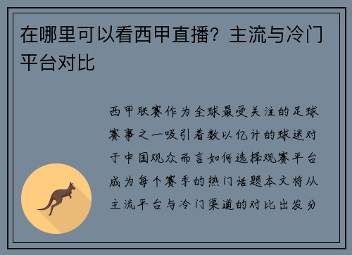 在哪里可以看西甲直播？主流与冷门平台对比